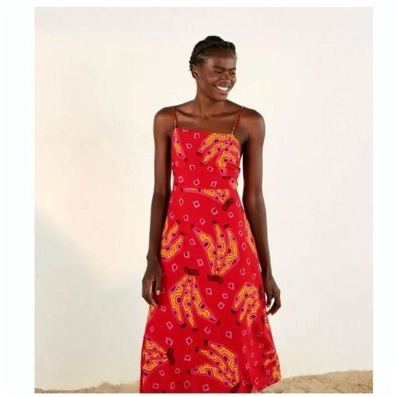 House of Harlow 1960 Red Banana Print Open Back Beaded Strap Dress Size Small - Picture 3 of 10